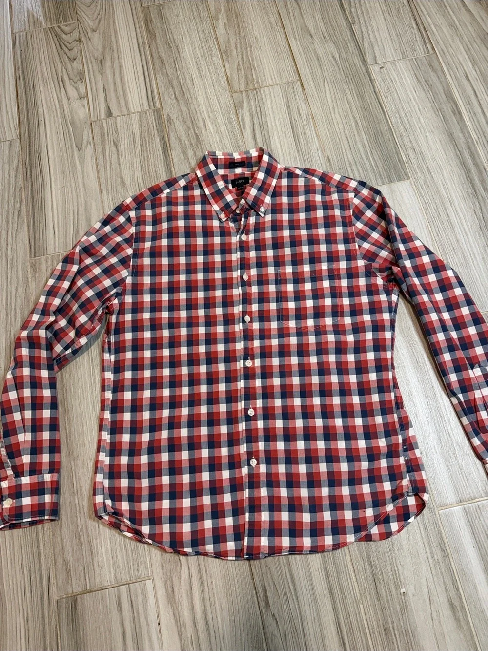 J. Crew Men’s Red Navy White Plaid Button-Down Shirt